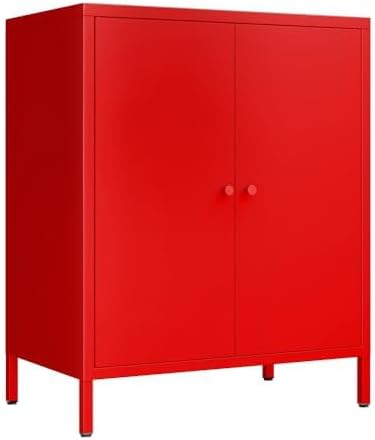2 Doors Locker Metal Storage Cabinet, Accent Storage Cabinet with Shelves, Freestanding Metal Sideboard for Small Spaces, Living Room, Dining Room, Entryway (2 Door Cabinet, RED) ﻿