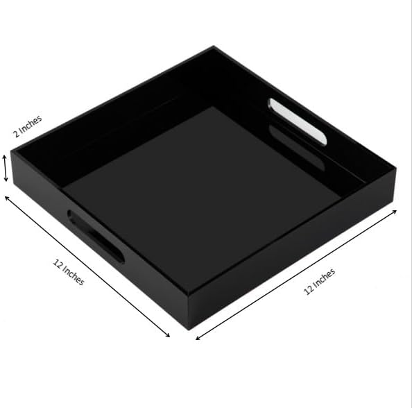 Glossy Black Sturdy Acrylic Serving Tray with Handles - 12x12 Inch Multipurpose Tray for Coffee, Appetizers, Breakfast, and More-NeatNest