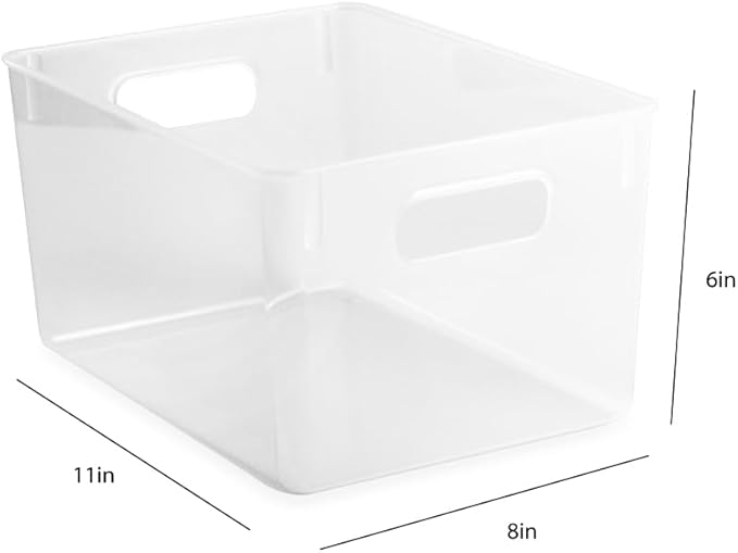 Isaac Jacobs 3-Pack Large Clear Storage Bins (11” L x 8” W x 6” H) with Cutout Handles, Plastic Organizer for Home, Office, Kitchen, Fridge/Freezer, Drawers, BPA Free, Food Safe (3-Pack, Large)