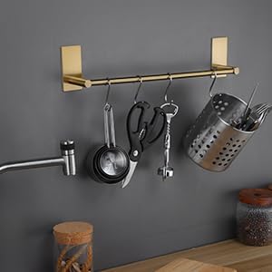 Taozun Golden Towel Bar Set- Self Adhesive Towel Holder + 2 Packs Towel Hooks Bathroom Accessories, 16-Inch Towel Rack for Bathroom Stainless Steel Brushed Brass