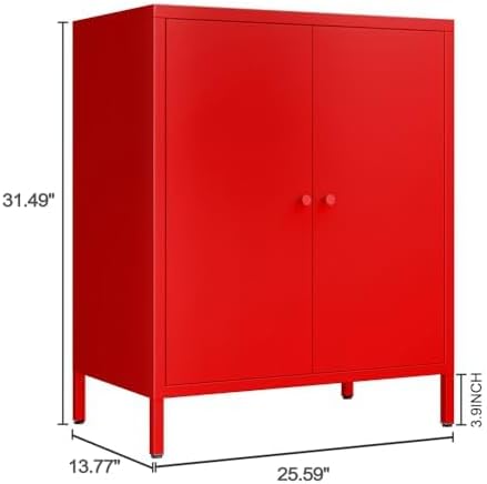 2 Doors Locker Metal Storage Cabinet, Accent Storage Cabinet with Shelves, Freestanding Metal Sideboard for Small Spaces, Living Room, Dining Room, Entryway (2 Door Cabinet, RED) ﻿