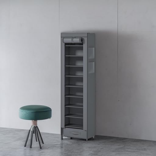 Shoes Rack 10 Tier Tall Narrow Shoe Rack with Bin Covered Shoe Shelf Storage Organizer Closet Stackable Shoe Stand-NeatNest