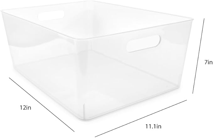 Isaac Jacobs 3-Pack XL Clear Storage Bins (12” L x 11.1” W x 7” H) with Cutout Handles, Plastic Organizer for Home, Office, Kitchen, Fridge/Freezer, Drawers, BPA Free, Food Safe (3-Pack, Extra-Large)