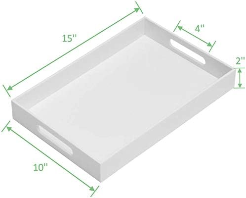 Glossy White Sturdy Acrylic Serving Tray with Handles-10x15Inch-Serving Coffee Appetizer Breakfast Butler-Kitchen Countertop-Makeup Drawer Organizer-Vanity Table Tray-Ottoman Tray-NeatNest