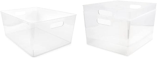 Isaac Jacobs 3-Pack XL Clear Storage Bins (12” L x 11.1” W x 7” H) with Cutout Handles, Plastic Organizer for Home, Office, Kitchen, Fridge/Freezer, Drawers, BPA Free, Food Safe (3-Pack, Extra-Large)