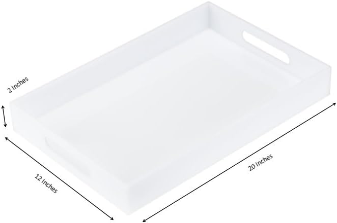 Glossy White Sturdy Acrylic Serving Tray with Handles-12x20 Inch-Serving Coffee Appetizer Breakfast-Kitchen Countertop Makeup Drawer Organizer-Vanity Table Ottoman Decorative Tray-NeatNest