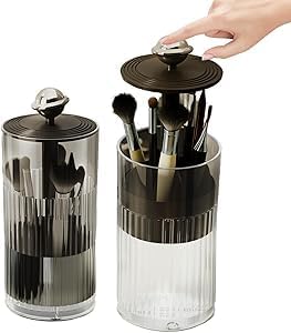 Makeup Brush Holder [Upgrade] with One Touch Open,Makeup Organizer Countertop with Dustproof Lid,Clear Makeup Organizers for Vanity, Desktop, Bathroom (Black)-NeatNest