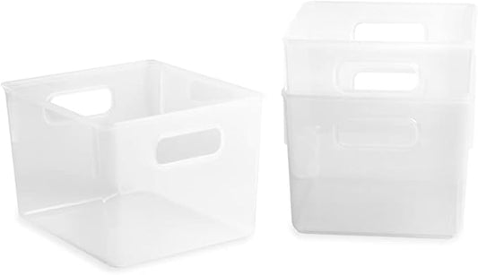 Isaac Jacobs 3-Pack Medium Clear Storage Bins (8.5” L x 7.5” W x 6” H) with Cutout Handles, Plastic Organizer for Home, Office, Kitchen, Fridge/Freezer, Drawers, BPA Free, Food Safe (3-Pack, Medium)