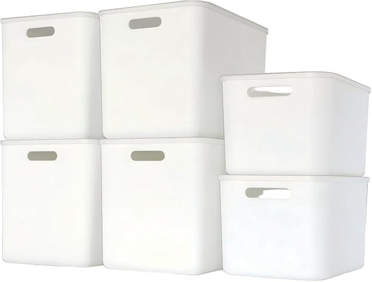 Set Of 6 Plastic Storage Bins With Lids,Versatile Kitchen Pantry Organization and Storage,for Plastic Storage Container Under Bed,Under Sink Bathroom Organizer (White, 4Lagre+2Medium)-NeatNest