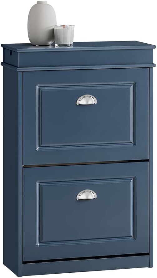 SoBuy Slim Shoe Cabinet, Shoe Rack with Doors, Shoe Storage Cupboard Organizer Unit for Entryway 2 Flip-Drawers, Hallway and Bedroom Navy FSR78-B (9.4" D x 21.3" W x 32.7" H)-NeatNest