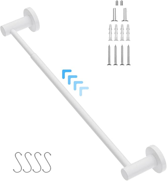 Adjustable Single Towel Bar 16 to 27.6 Inch, iMomwee Oil Rubbed White Finished Stainless Steel Bath Towel Holder, Wall Mounted Towel Rail for Bathroom Kitchen Washroom, 1" Diameter Towel Rod with Hook