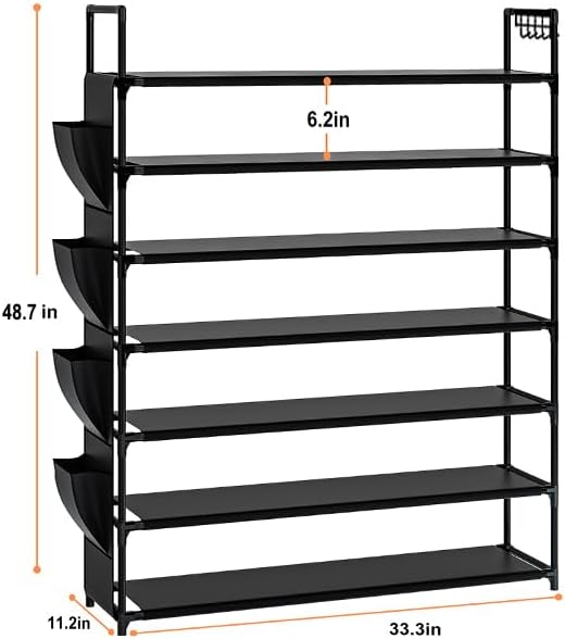 Large Capacity 7 Tier Shoe Rack, Black, 33.3in Wide x 11.2in Deep x 48.7in Tall, Holds 28-35 Pairs of Shoes, Ultra-Minimalist Style, Waterproof and Durable-NeatNest