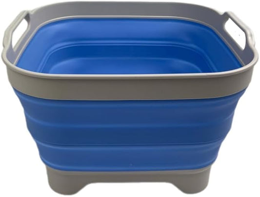 SAMMART 10L (2.64 Gallon) Collapsible Dishpan with Draining Plug-Foldable Washing Basin-Portable Dish Washing Tub-Space Saving Kitchen Storage Tray for Camping & RV (1, Grey/Little Boy Blue)