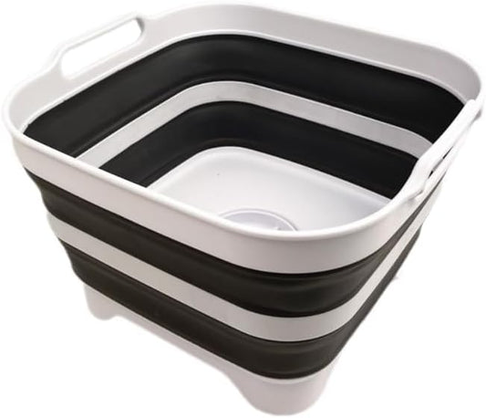 SAMMART 10L (2.64 Gallon) Collapsible Dishpan with Draining Plug-Foldable Washing Basin-Portable Dish Washing Tub-Space Saving Kitchen Storage Tray for Camping & RV (1, White/Steel Grey)
