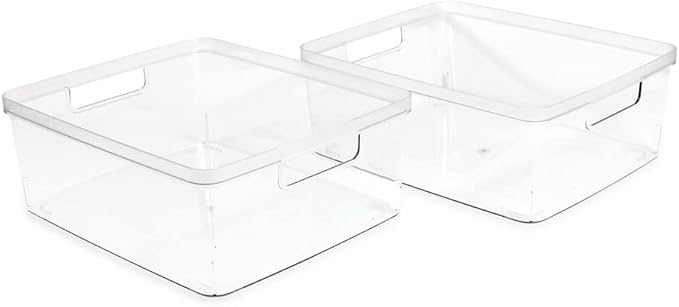 Isaac Jacobs 2-Pack Large Clear Storage Bins (11.5” L x 14” W x 5.5” H) w/Cutout Handles, Plastic Organizer for Home, Office, Kitchen, Fridge/Freezer, Bathroom, BPA Free, Food Safe (Large)