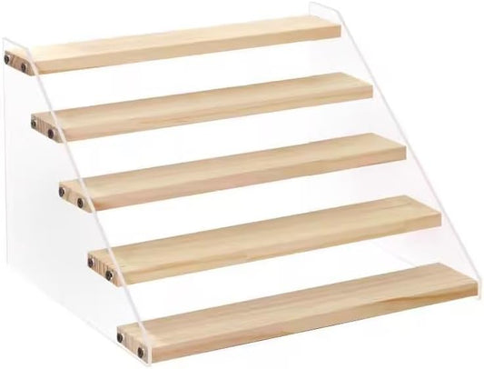 BYCY Wood Display Stand 5 Tier Clear Acrylic Display Shelf Riser for Perfumes Pop Figures Jewelry Cupcake Spice Desserts (1 Pack)-NeatNest