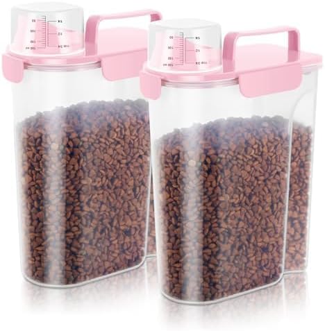 5-7Lbs Dog Cat Food Storage Container with Upgraded Large Nozzle BPA-free, 4 Snap Seals Plastic Pet Food Storage Containers with Handles (2, Light Pink, 5L)-NeatNest