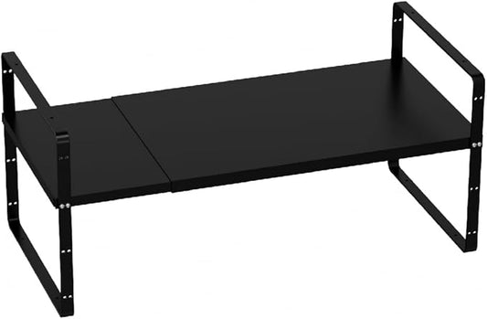 Slideep Expandable Shelf Rack Counter Organizer Shelf 16.54'' to 27.17'', Stackable Cabinet Shelves Organizer Storage Rack Cupboard Stand Spice Rack for Kitchen Bathroom Pantry -Black