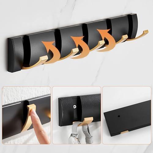 Coat Rack Wall Mounted with 5 Folding Hooks, 15.8 Inch Space Saving Wall Coat Hook, Black Gold Towel Hooks for Bathroom, Bedroom, Entryway, Hats, Scarves, Umbrella and Keys-NeatNest