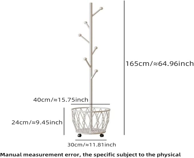 Freestanding Metal Coat Rack Stand with Basket Modern Organizer for Scarf Jacket Hat Bags Ideal for Home Entryway Bedroom Corner Stable and Moveable tree (white)