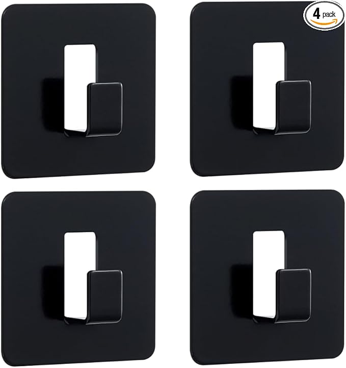 4 Pack Adhesive Towel Coat Hooks - Heavy-Duty Damage Free Hanging Wall Hooks for Bathroom/Kitchen Accessories, Black