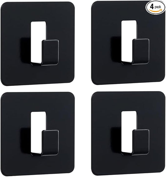 4 Pack Adhesive Towel Coat Hooks - Heavy-Duty Damage Free Hanging Wall Hooks for Bathroom/Kitchen Accessories, Black