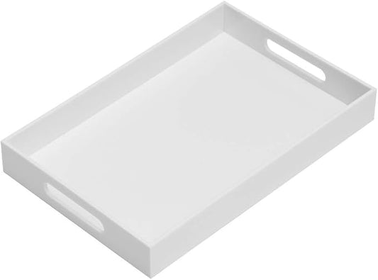 Glossy White Sturdy Acrylic Serving Tray with Handles-10x15Inch-Serving Coffee Appetizer Breakfast Butler-Kitchen Countertop-Makeup Drawer Organizer-Vanity Table Tray-Ottoman Tray-NeatNest
