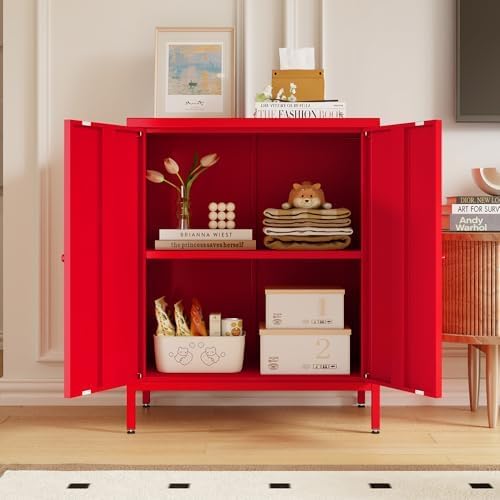 2 Doors Locker Metal Storage Cabinet, Accent Storage Cabinet with Shelves, Freestanding Metal Sideboard for Small Spaces, Living Room, Dining Room, Entryway (2 Door Cabinet, RED) ﻿