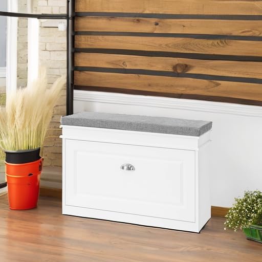 Haotian Shoe Storage Bench with Cushion, White Narrow Shoe Rack for Entryway, Small Shoe Cabinet with 2 Tiers Flip-Drawer, Closet Hallway Mudroom FSR82-L-W-NeatNest