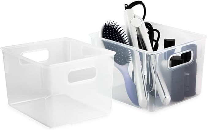 Isaac Jacobs 3-Pack Medium Clear Storage Bins (8.5” L x 7.5” W x 6” H) with Cutout Handles, Plastic Organizer for Home, Office, Kitchen, Fridge/Freezer, Drawers, BPA Free, Food Safe (3-Pack, Medium)