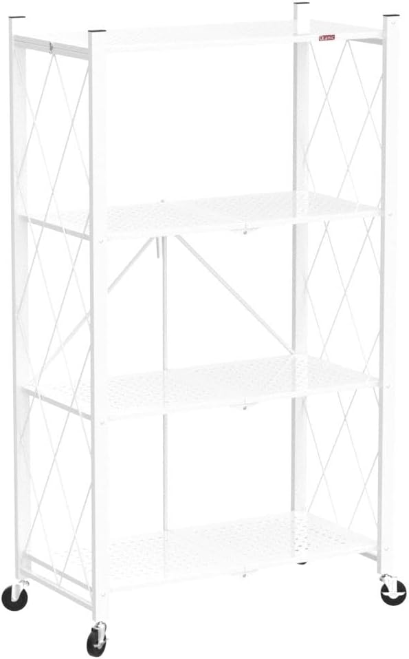DEANIC 4 Tier Foldable Storage Shelves with Wheels, Large Capacity Shelving Unit, Freestanding Metal Wire Shelf Rack, No Assembly Organizer Rack for Garage Kitchen, Basement, Pantry(White)-NeatNest