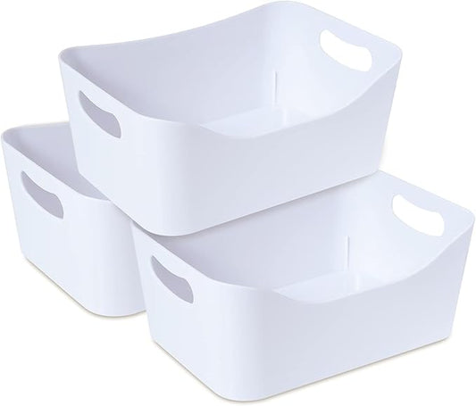 MATICAN Plastic Storage Bins with Handles, 3-Pack Small Pantry Storage Bins, Organizer Baskets for Kitchen, Bathroom, Bedroom, White, 9.6 x 6.6 x 4.1 Inches-NeatNest