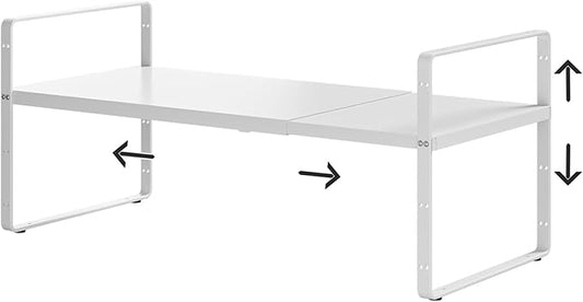 16.5-27’’L Expandable Kitchen Shelf Organizer, Stackable Shelves Organizer, Adjustable Height Pantry Spice Rack for Cabinet, Countertop, Pantry and Cupboard, White