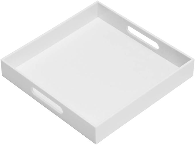 Glossy White Sturdy Acrylic Serving Tray with Handles-14x14Inch-Serving Coffee,Appetizer,Breakfast,Butler-Kitchen Countertop Tray-Makeup Drawer Organizer-Vanity Table-Ottoman Tray-NeatNest