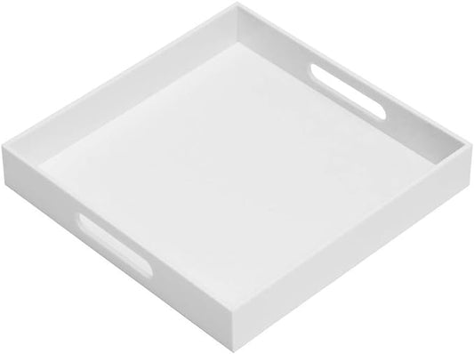 Glossy White Sturdy Acrylic Serving Tray with Handles-14x14Inch-Serving Coffee,Appetizer,Breakfast,Butler-Kitchen Countertop Tray-Makeup Drawer Organizer-Vanity Table-Ottoman Tray-NeatNest