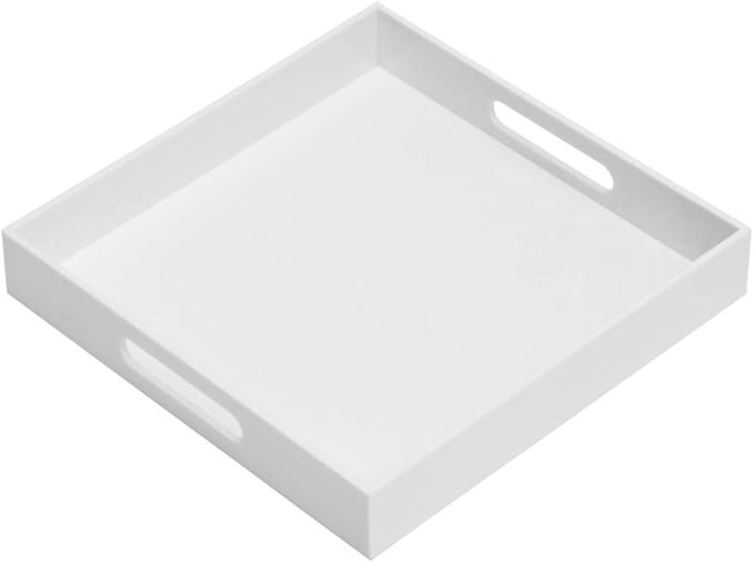Glossy White Sturdy Acrylic Serving Tray with Handles-12x12Inch-Serving Coffee,Appetizer,Breakfast,Butler-Kitchen Countertop -Cosmetics Organizer-Vanity Table Tray-Ottoman Tray-Decorative-NeatNest