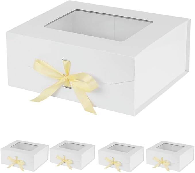 5 Pcs White Gift Box for Presents with Ribbon 13.2x11x5.3 Inches Clear Gift Box with Window Magnetic Closure Gift Boxes with Lids-NeatNest