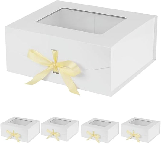 5 Pcs White Gift Box for Presents with Ribbon 13.2x11x5.3 Inches Clear Gift Box with Window Magnetic Closure Gift Boxes with Lids-NeatNest