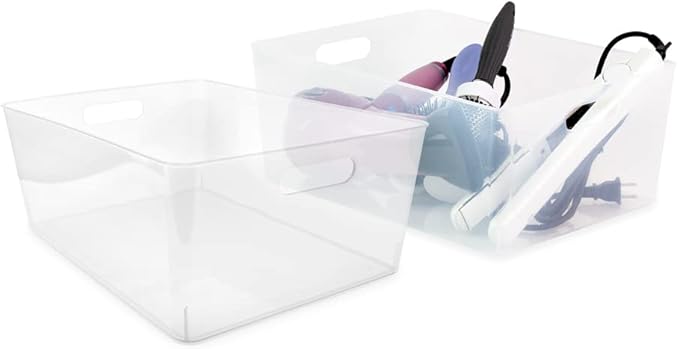 Isaac Jacobs 3-Pack XL Clear Storage Bins (12” L x 11.1” W x 7” H) with Cutout Handles, Plastic Organizer for Home, Office, Kitchen, Fridge/Freezer, Drawers, BPA Free, Food Safe (3-Pack, Extra-Large)