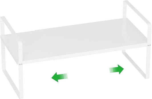 Cabinet Organizer Shelf,Expandable Counter Spice Rack,Stackable Shelf,Adjustable Storage Riser for Kitchen Pantry Countertop Cupboard,White,D:8.07"