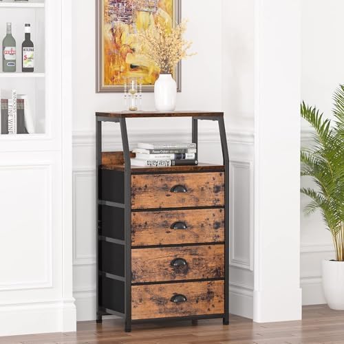 Furnulem Night Stand, Tall 4 Drawers Dresser for Bedroom, Hallway, Nursery, Closet Organizer, Nightstand Bedside Table Furniture, Vertical Storage Tower Fabric, Sturdy Steel Frame, Wood Top-NeatNest