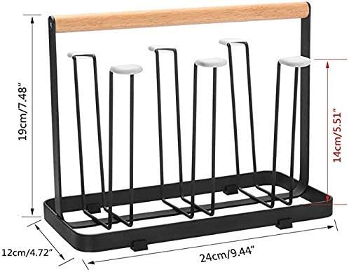 Cup Drying Rack Stand,Beer Glasses Rack 6 Cup Metal Drainer Holder Rack Non-Slip Mugs Cups Organizer with Wood Handle, Black-NeatNest