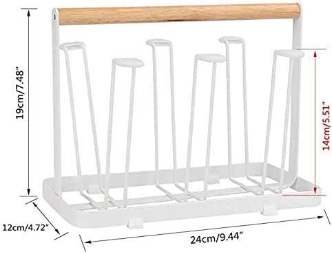 Cup Drying Rack Stand, 6 Cup Metal Drainer Holder Rack Non-Slip Mugs Cups Organizer with Wood Handle, White-NeatNest