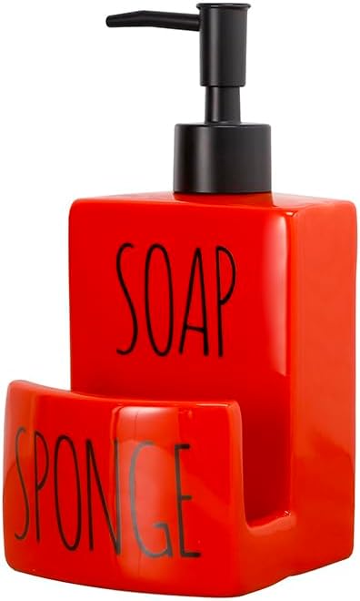 Ceramic soap Dispenser with Sponge Holder for Kitchen Sink Bathroom Counter top Storage and Organization (Red)-NeatNest