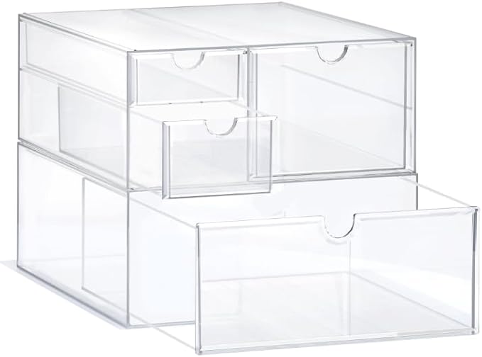 Prsildan Acrylic Drawer Makeup Organizer with 4 Drawers, Set of 2 Office Desk Organizers Accessories, Clear Stackable Storage Drawers for Vanity, Countertop, Craft, Jewelry, Art Supply Organization-NeatNest