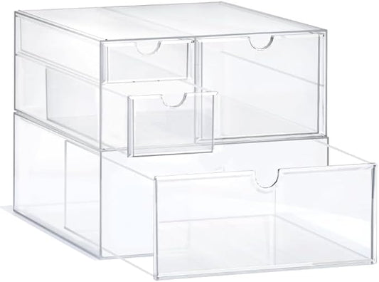 Prsildan Acrylic Drawer Makeup Organizer with 4 Drawers, Set of 2 Office Desk Organizers Accessories, Clear Stackable Storage Drawers for Vanity, Countertop, Craft, Jewelry, Art Supply Organization-NeatNest