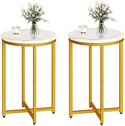 DKLGG Modern Gold Side Table Set of 2, Small Coffee Table Round End Table with Gold Frame, Faux Marble Side Table Bedside Table for Living Room, Bedroom, Small Space, 16" D*24" H