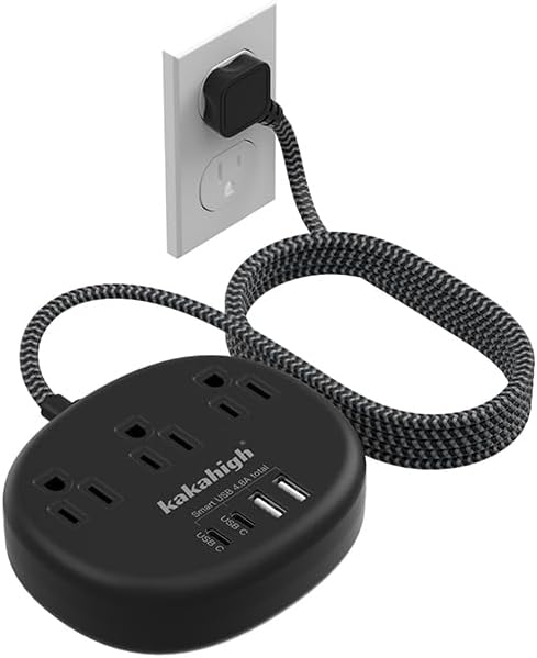 Black Extension Cord 10 Feet, 1625W Extension Cord 3 Prong with 3 AC Outlet 4 USB (24W/4.8A), Bedside Charging Station for Home, Office and Dorm-NeatNest