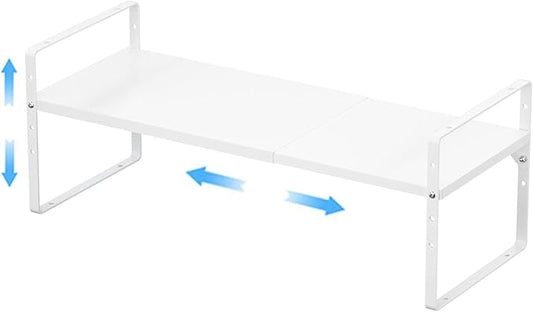 Expandable Kitchen Cabinet Shelf Organizers, Stackable Metal Pantry Storage Shelves Rack, Adjustable Counter Spice Shelf for Cabinets, Countertop, Cupboard Organizers and Storage, White-NeatNest