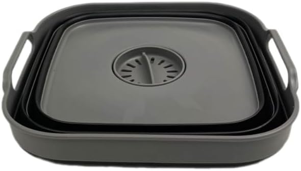 SAMMART 10L (2.64 Gallon) Collapsible Dishpan with Draining Plug-Foldable Washing Basin-Portable Dish Washing Tub-Space Saving Kitchen Storage Tray for Camping & RV (1, Grey/Black)